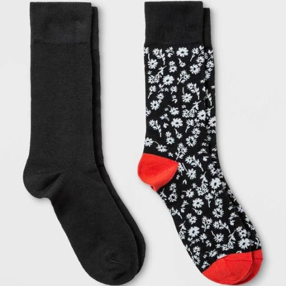 Goodfellow & Co. Men's Black Floral Novelty Crew Socks 2pr, L (7-12)